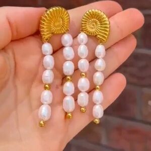 Pearl 18K Gold Stainless Steel Waterproof Tassel Shell Earrings